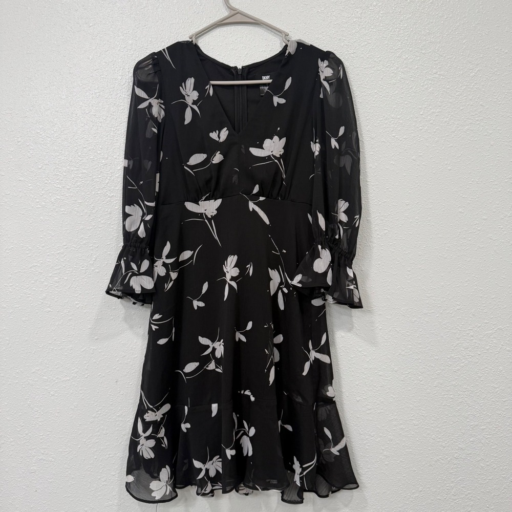 DKNY Womens Black White Floral Chiffon Ruffle Mini Dress Size 2 V-Neck